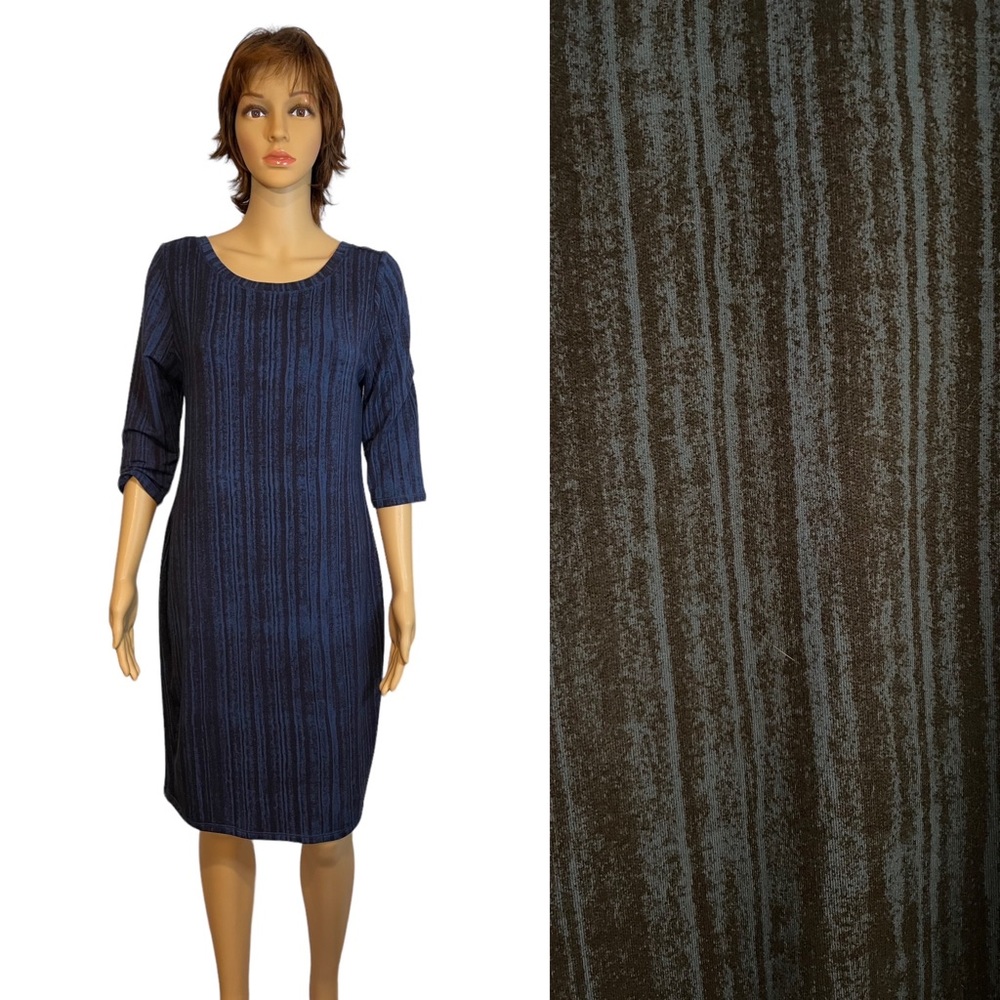 Philosophy L Modal Stretch Knit Blue Print Low V-Back Sheath Dress - 3/4 Sleeve